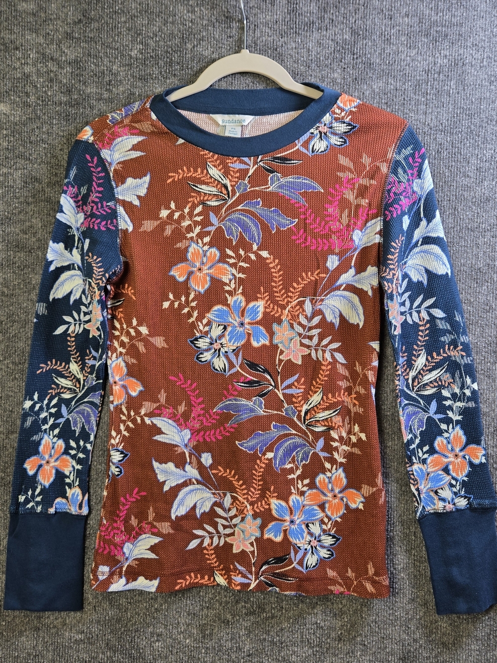 Sundance T Shirt Women PS Burnt Orange Blue Floral Thermal Earthy Fall Layering
